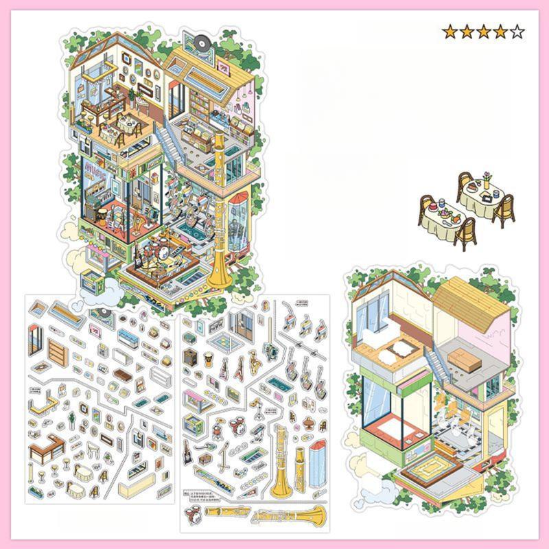 12 oversized scene stickers, fun scene themes, vintage style, PET white card dual materials, self adhesive, DIY journal decoration scrapbook notebook material sticker pack