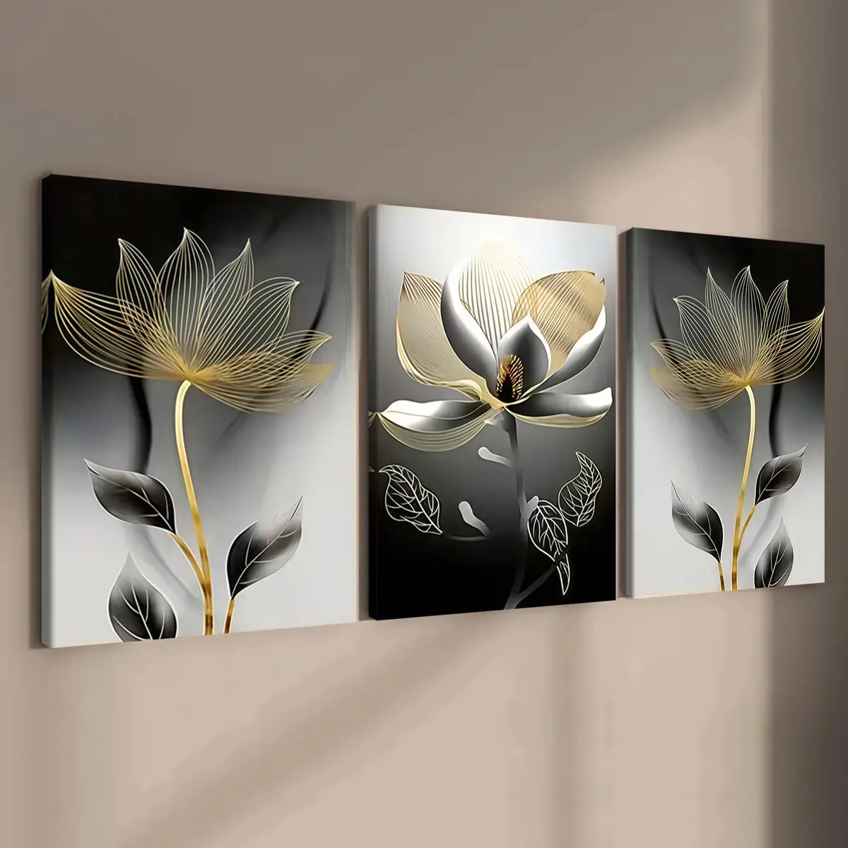 3-count wooden frame canvas, black and gold light luxury lotus three-piece decorative Print poster, home decor, Flower Painting Canvas, modern wall art, Decorative Artwork