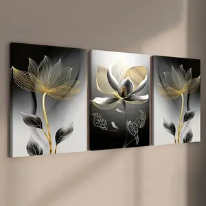 3-count wooden frame canvas, black and gold light luxury lotus three-piece decorative Print poster, home decor, Flower Painting Canvas, modern wall art, Decorative Artwork