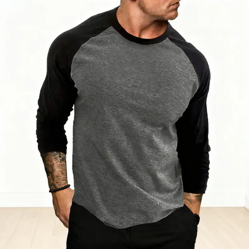 Men's Plain Raglan Long Sleeve T-Shirt, Casual Polyester Pullover with a Comfortable Loose Fit and Round Neck, Tshirt, Adults, Micro-Elastic, Normal Type, Top, Fabric