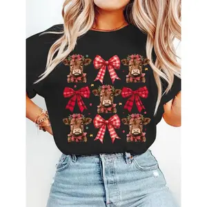 Women's Christmas Cow & Bow Print Drop Shoulder Tee, Casual Half Sleeve Round Neck T-shirt for Christmas, Women's Top for Daily Wear
