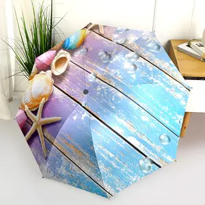 1 PC Automatic Folding Umbrella - Beach Seashells Starfish Wooden Background Pattern, Portable & Foldable Design with 8 Ribs, Merry Christmas Pattern,Casual Outdoor Accessory Halloween and Christmas Birthday Gifts. F004
