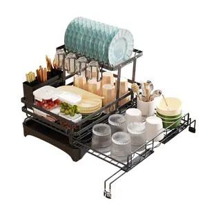 Foldable 2-Tier Dish Rack with Drainboard ,No More Wet Counter ,Space Saving Kitchen Storage Organizer for Dishes, Bowls, Utensils
