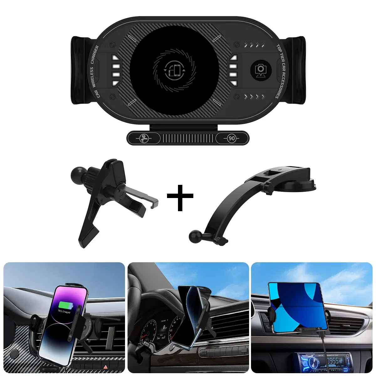 Auto-Clamping Wireless Car Charger Phone Mount with Vent Clip & Suction Cup, 90° Rotatable Fast Charging Car Holder for All Cell Phones & Foldable Phones 6-7.2 Inch