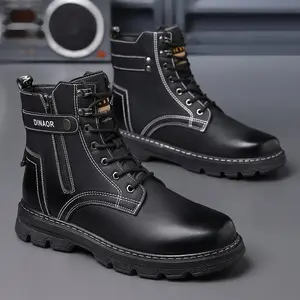 Men’s High-Top Combat Work Boots – Casual Lace-Up Ankle Boots with Side ZipperGiftGift