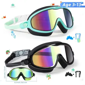 Swim Goggles Set (2 Pairs), Anti-Fog UV Protection, Wide Vision, Ages 3-14, Boys and Girls, Safe Swimming Goggles, Water Goggles, Swim Glasses, Nose Clip Included, Swim Kit
