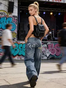 Young Trendy Women | Music Festival/Street Outfit | High Waist Wide-Leg Vintage Washed Cross Embroidery Denim Pants | Patch Distressed Process | Punk Street Style | Unique Figure-Flattering Versatile Bottoms