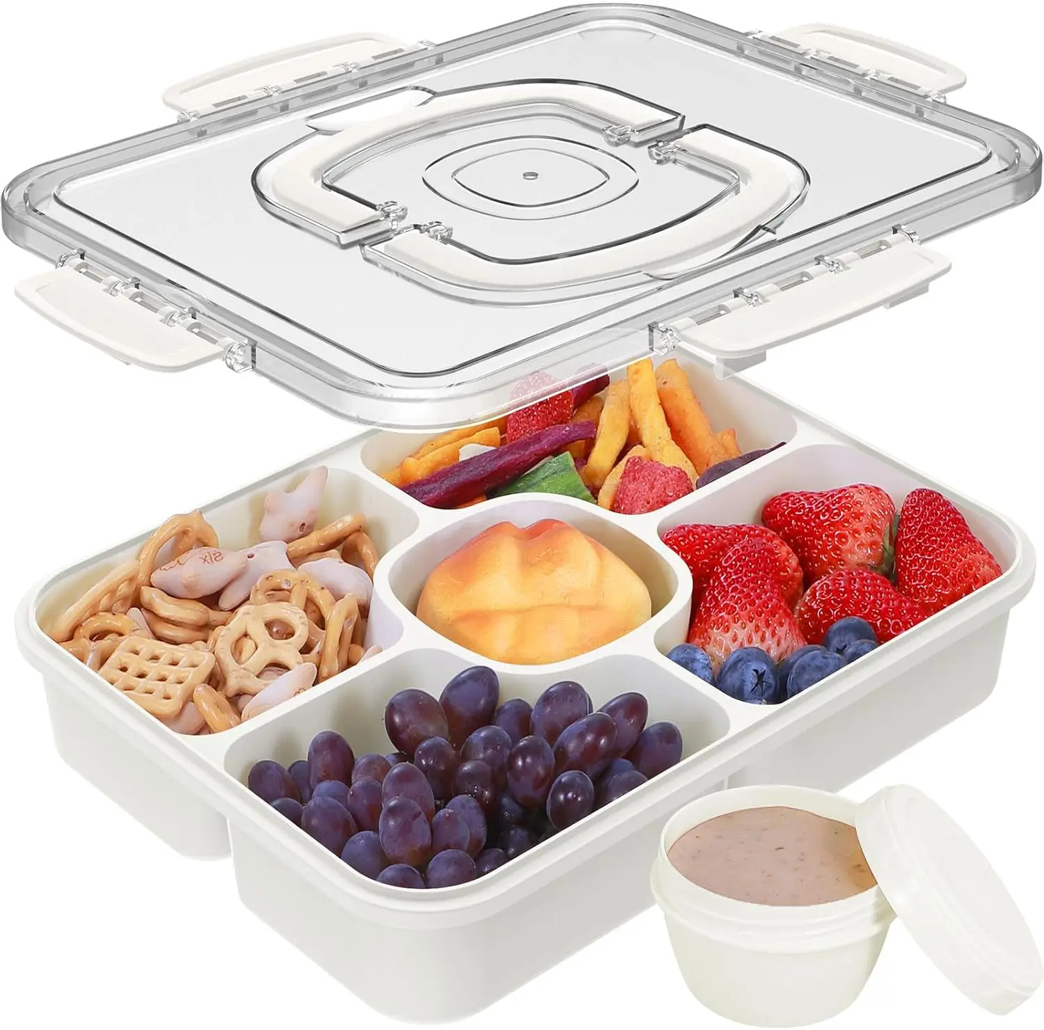 Large Portion Snackle Box Container - 5 Compartments Veggie Fruit Snack Divided Serving Tray with Lid and Dip Container for Party Picnic, Leak-Proof, Dishwasher Safe, BPA-Free (10.7 Cups)