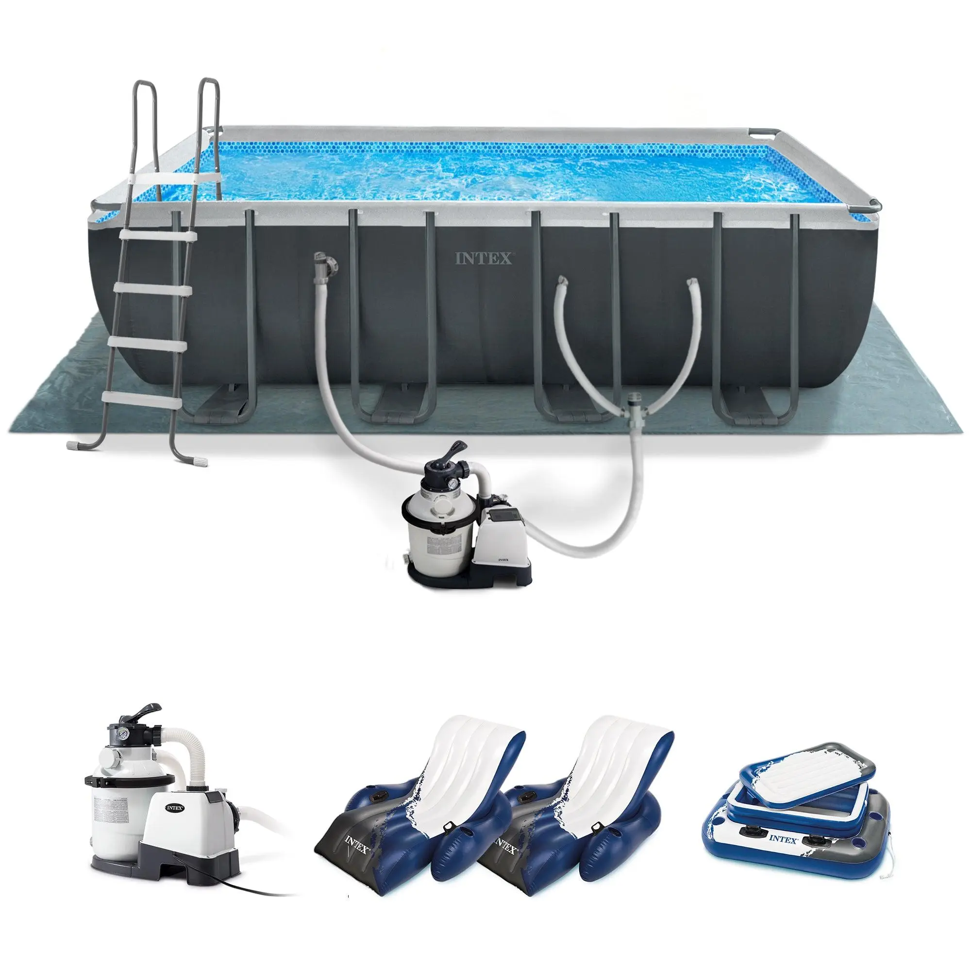 Intex 18ft x 9ft x 52in Ultra XTR Rectangular Pool, Floats (2 Pack), and Cooler Intex 18ft x 9ft x 52in Ultra XTR Rectangular Pool, Floats (2 Pack), and Cooler