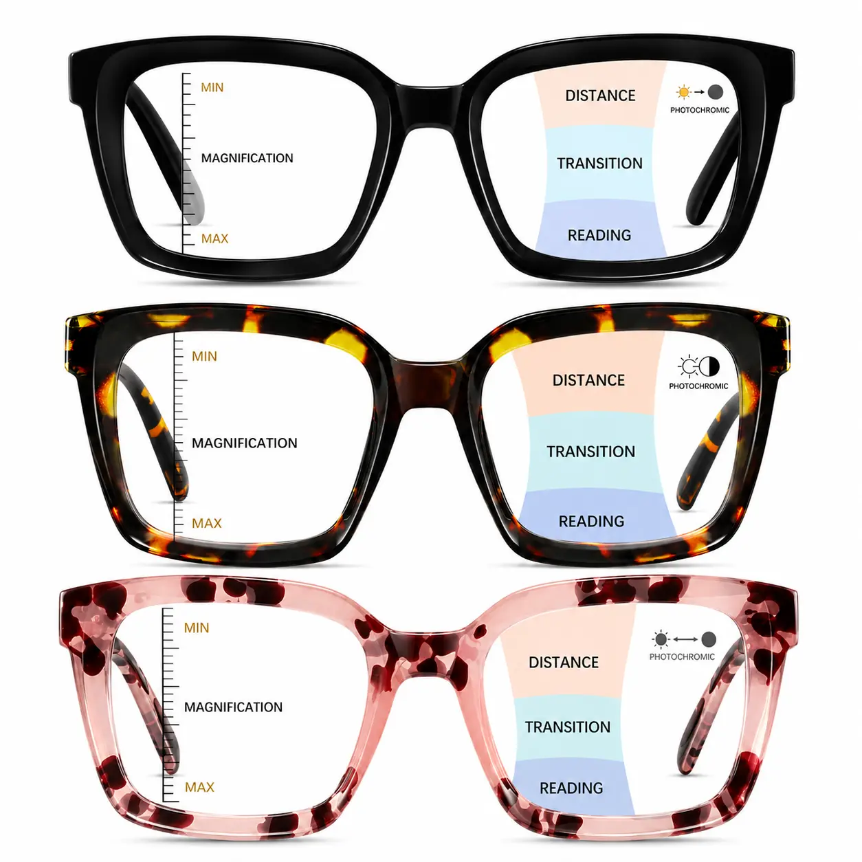 Oversized Square Progressive Reading Glasses Blue Light Blocking Readers with Spring Hinge Lightweight Anti-Glare Computer Eyeglasses for Women & Men 3-Pack Set