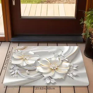 Luxury White Gold Floral Doormat, Non-Slip Washable Entryway Rug, Elegant 3D Flower & Diamond Print Indoor Outdoor Floor Mat for Home & Wedding Decor