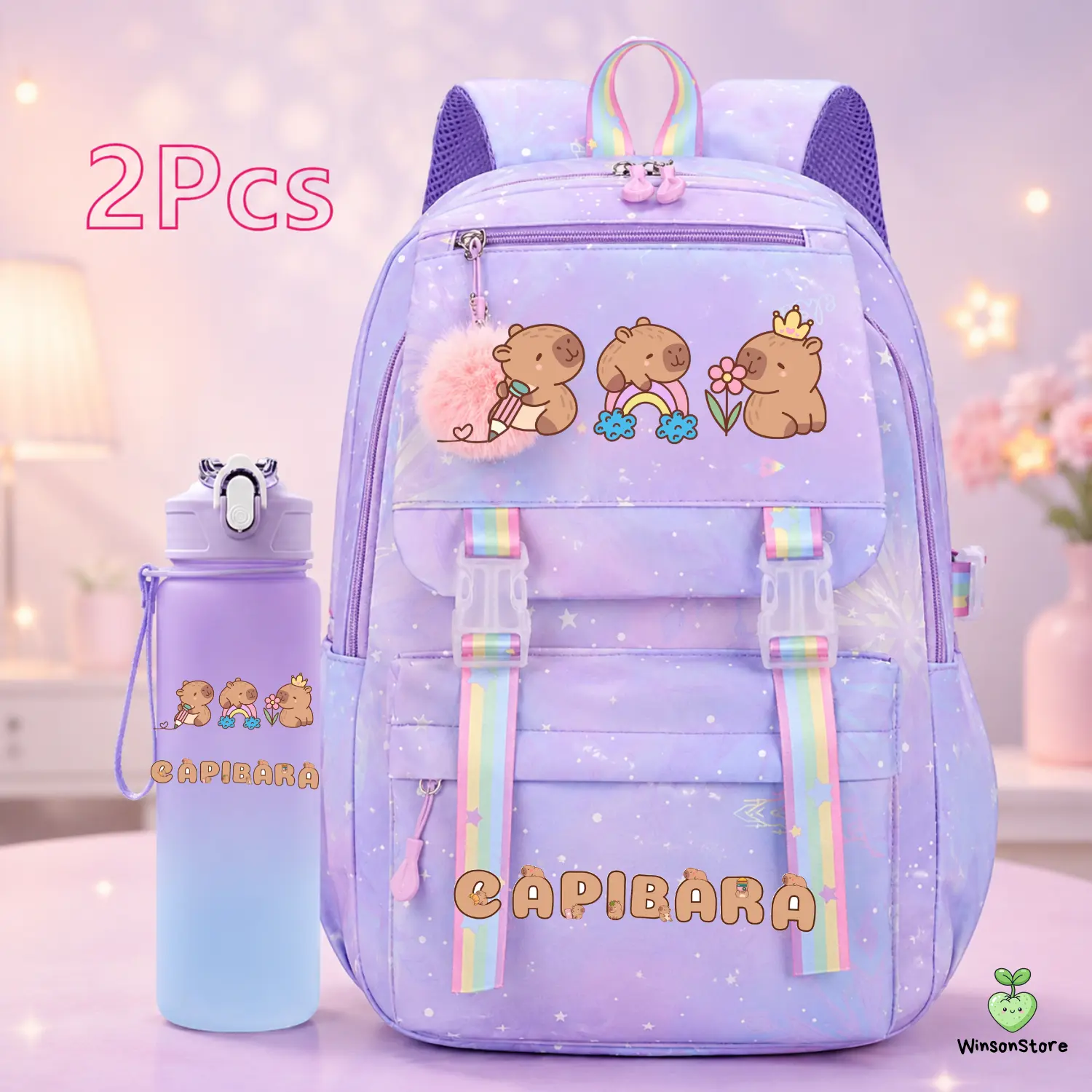 Capybara 2-Piece School Backpack Set with Water Bottle, Cute Pink Rainbow Bookbag for Kids & Teens