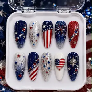 Press On False Nails, 4th of July Patriotic Glitter USA Flag Set, Reusable Beauty Nail Art Decoration Accessory