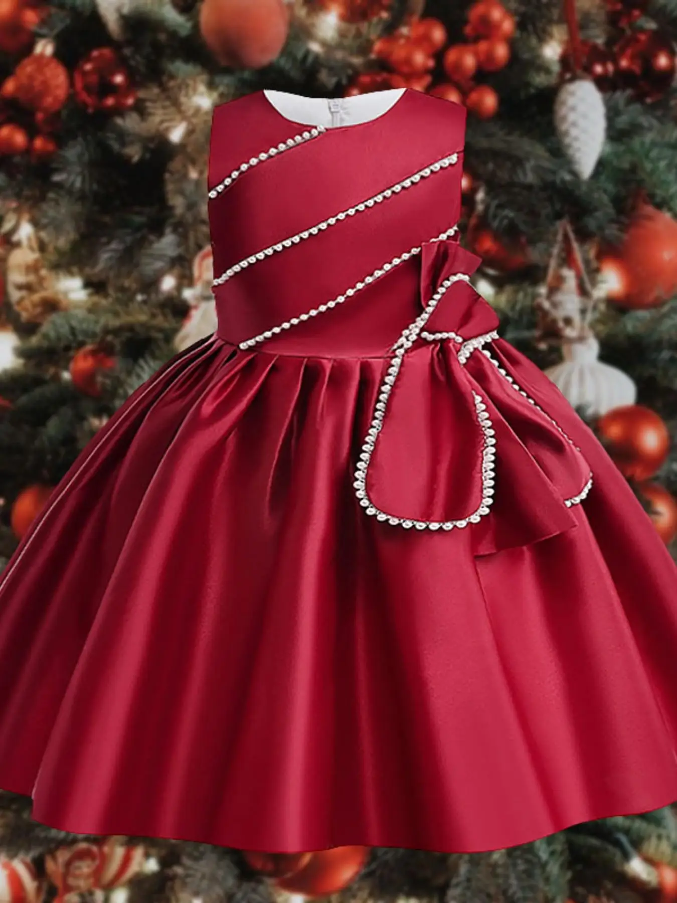 Girl's Faux Pearl Decor Big Bow Ribbon Fit and Flare Party Dress, Elegant Sleeveless Round Neck Dress for Party Wedding Guest, Kids Clothes for All Se