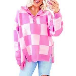 Women's 2025 Winteroutfit Long Sleeve Pink Checkerboard Half Button Collared Drop Shoulder Sweater Fashionable Knitwear