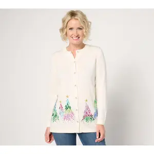 Quacker Factory Embroidered Sequin & Stud Tree Button Front Cardigan