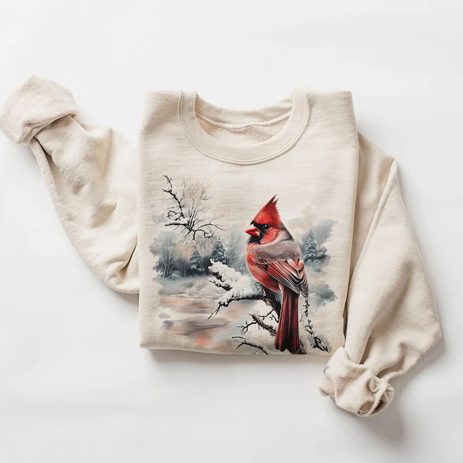 Retro Red Cardinal Winter Scene Sweatshirt - Nineties 90s Birding Bird Watching Outfit - Boho Unisex Crewneck Sweatshirt IN