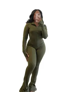 Women's Solid Long Sleeve Zip Up Jacket & Flare Leg Skinny Pants Two-piece Set, Casual Fashion Cozy Outfits for Daily Outdoor Wear, Women Clothes for Fall & Winter??gift?? Womenswear SuitsGift