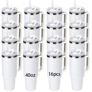 Crafix 16-Pack 40oz Sublimation Ready White Blank Stainless Steel Double-Wall Insulated Leak-Proof Modern Tumbler Mugs with Lids, Plastic Straws, Removable Handles - Portable Vacuum Flasks for Car, Home
