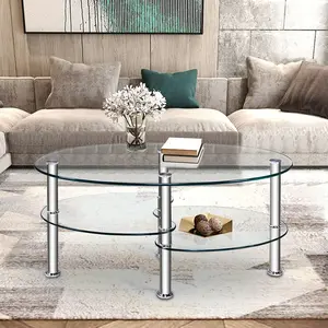 Tempered Glass Oval Side Coffee Table Shelf Chrome Base Living Room Mobile Standing Desk with Wheels dining Marble