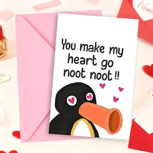 1pc “You Make My Heart Go Noot Noot!!” Penguin Love Card, Funny Valentine’s and Anniversary Greeting Card for Wife or Husband, Adorable Cartoon Design, Paper Material