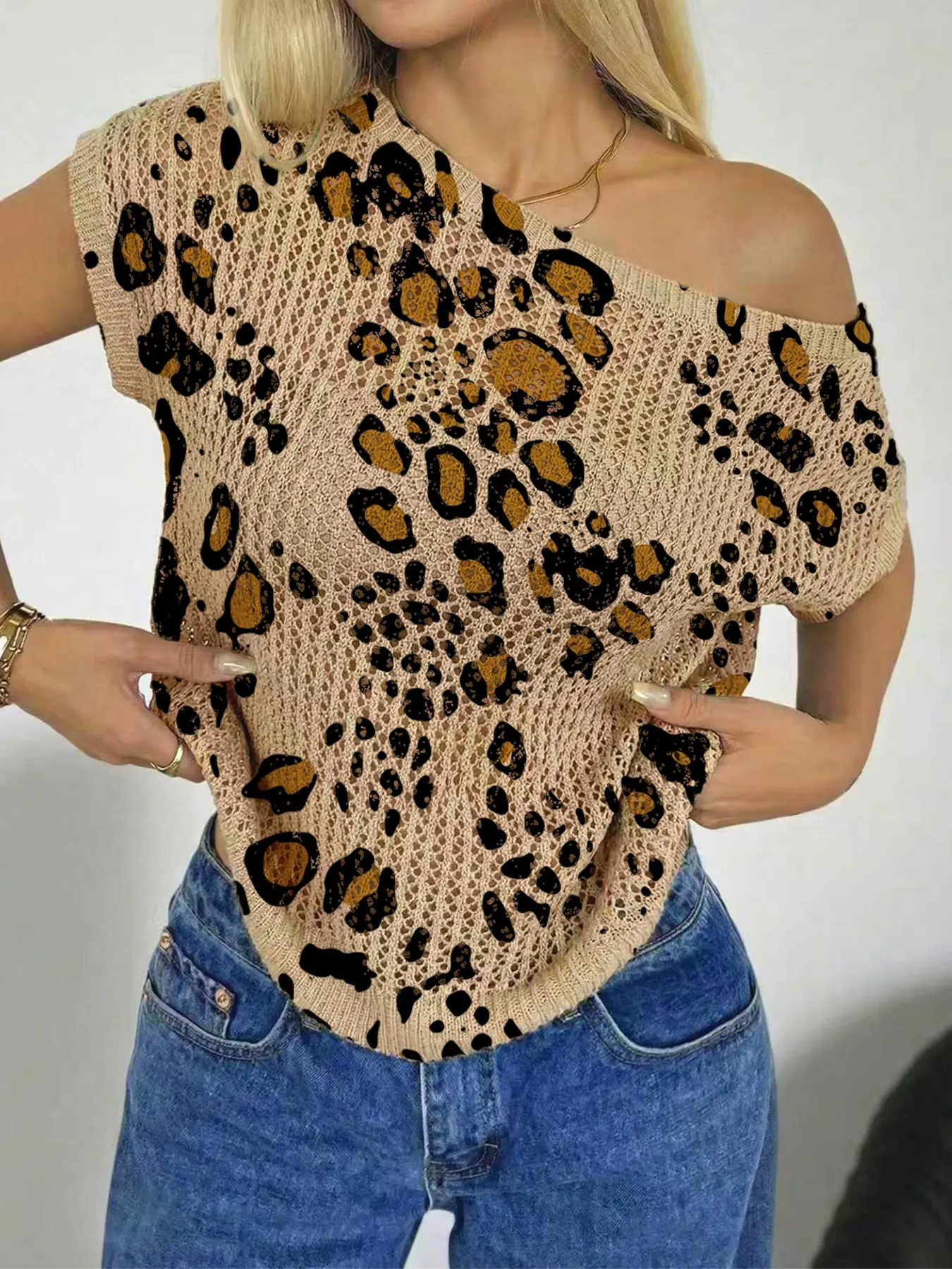 Spring Summer Women's Beach Vacation Style Asymmetrical Neck Shoulderless Batwing Sleeve Semi-Transparent Lace, Leopard Print Knit Top Womenswear