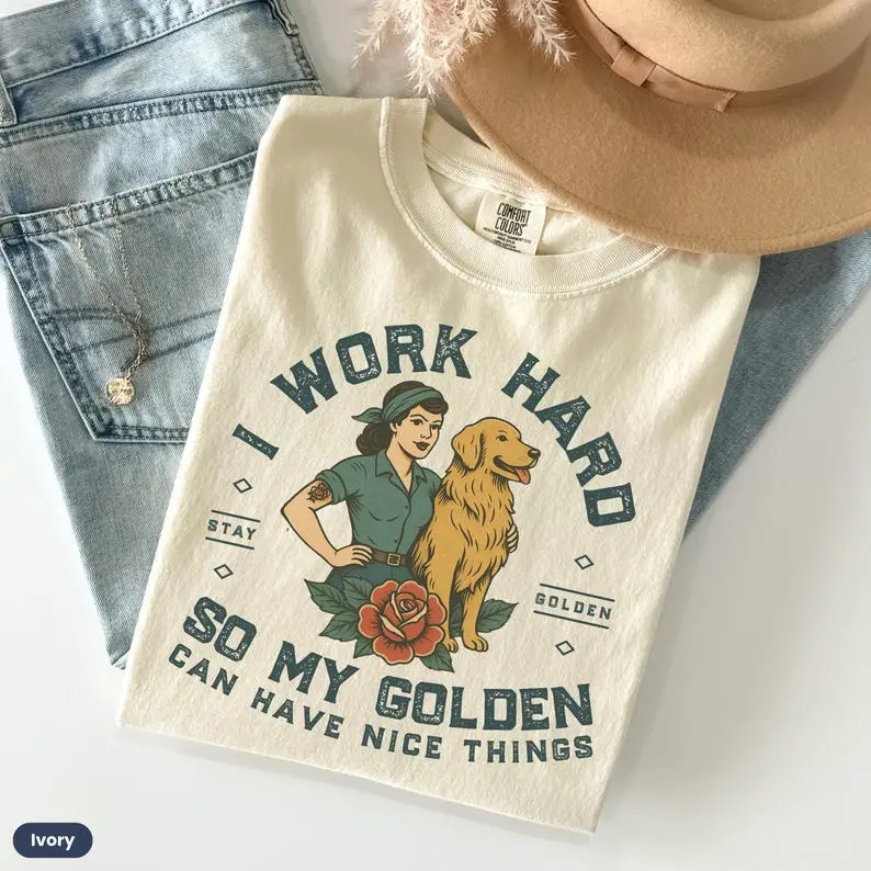 Comfort Colors Retro Golden Retriever T-Shirt, Golden Retriever Gift, Dog Mom TShirt, For Dog Retriever I Work Hard So My Golden Can Have Nice Things
