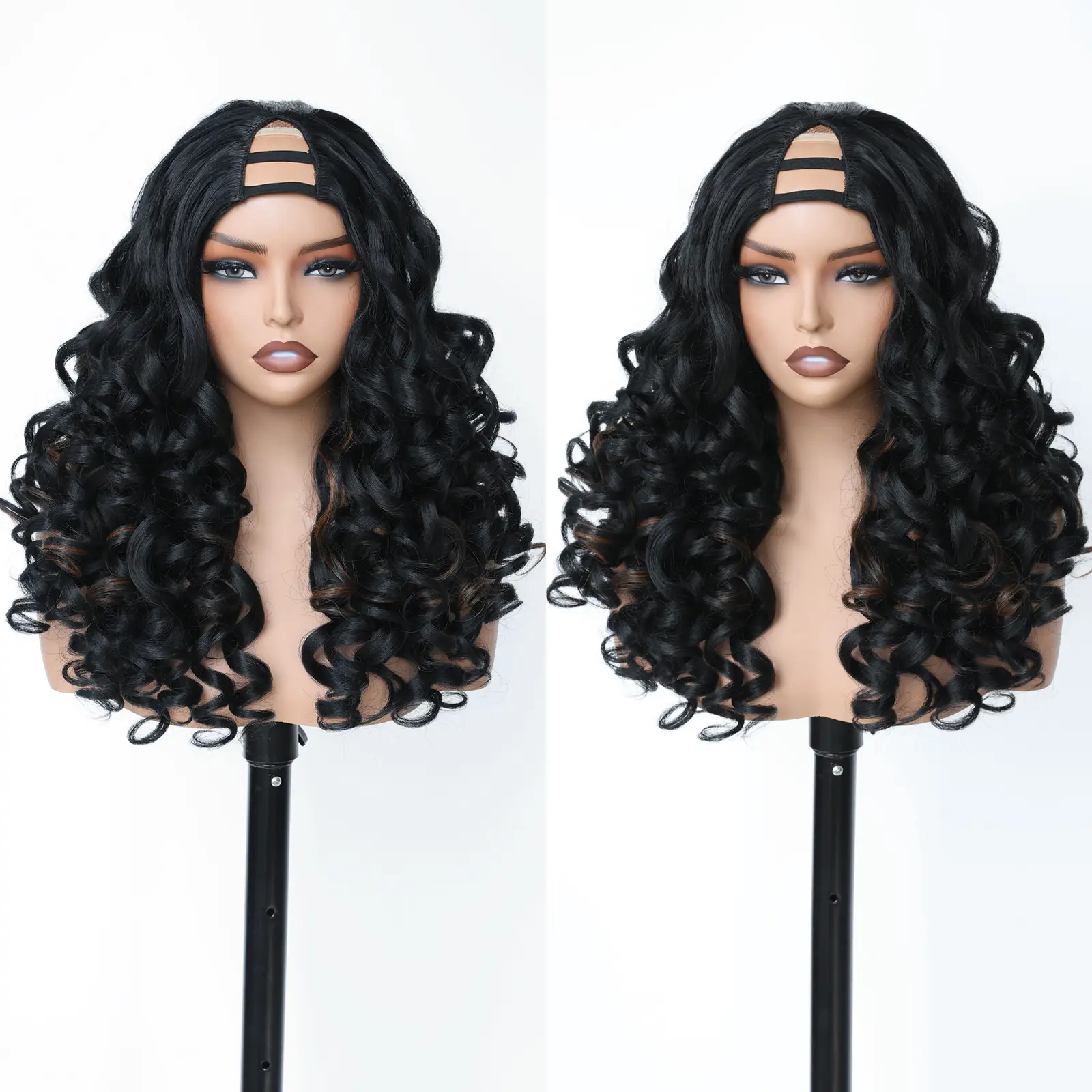 FABÉLLE V Part Wig Glueless Natural Look Synthetic Hair Wig Easy to Install No Leave Out 20inch Bouncy Curly Wig With Clips for Black Women Beginner Friendly
