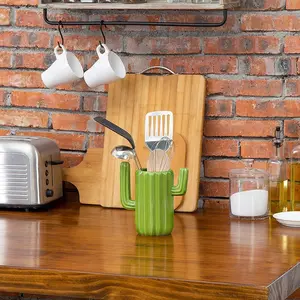 Green Ceramic Cactus-Shaped Utensil Holder