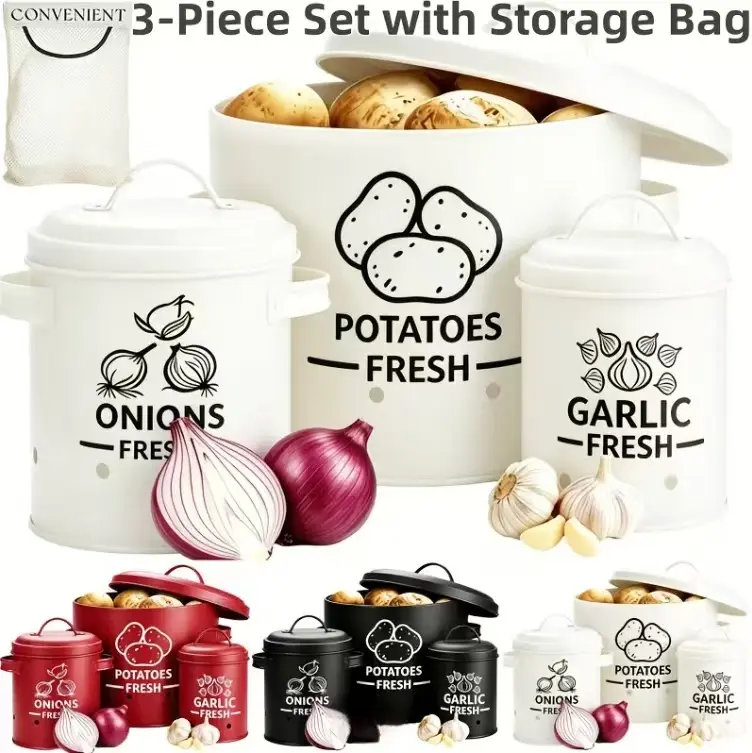 3-Piece Sturdy Steel Vegetable Storage Canister Set - Stackable Metal Containers for Potatoes, Onions, Garlic - Ventilated Kitchen Organization Bins, Kitchen Essentials