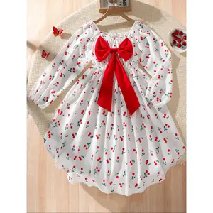 Girl's Cherry Print Bow Decor Sweater Dress, Cute Casual Long Sleeve Round Neck Knit Dress for Fall, Kids Clothes for Daily Wear