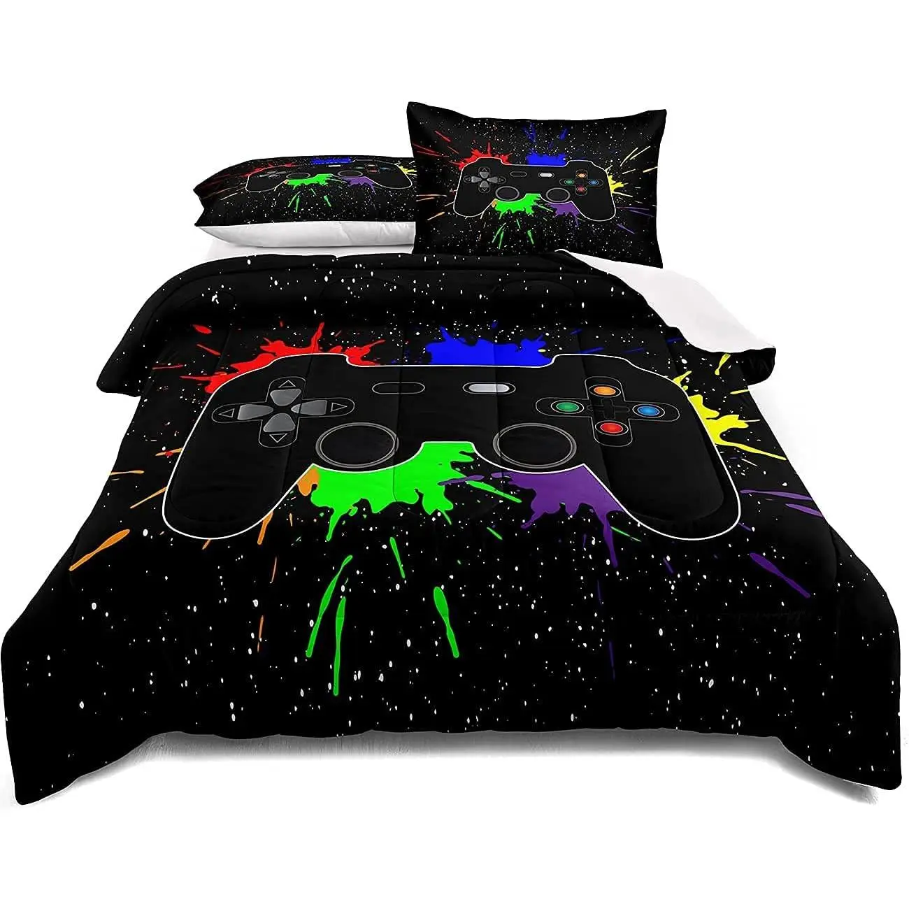 Gaming  Set  Size Gamer Comforter Set for Boys Girls  Teens Soft Microfiber Colorful Modern Buttons Video   Decorative Controller Pattern Design with Pillow Sham...