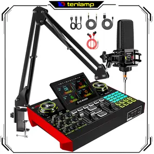 Tenlamp PKpro G10 Plug and Play Podcast Studio Kit with Linear Condenser Microphone and Multi-pattern Sound Converter, Affordable Podcasting Device, Vocal Effects, Portable Live Sound Card Kit for Live Broadcasting and Recording