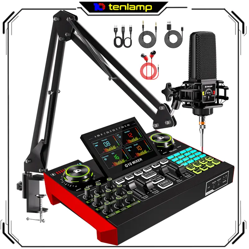 tenlamp PKpro G10 Plug-and-Play Audio Mixer Kit - PKpro Linear Condenser Mic, G10 Multi-Mode Sound Converter, Portable Vocal Effects Device, USB Type-A, Built-in & Wired Amplifiers, for Smartphone Live Broadcasting, Manufacturer Warranty