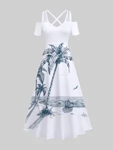 Rgothic Plus Size Women's Print Bodycon Mini Dress Coconut Tree Sea Boat Bird Print Crisscross Cold Shoulder Hawaii Midi Dress for Women A-Line Casual Spring Summer zendayadress outfit goth cowgirl outfits,goth outfits office vintage print design flowy  c