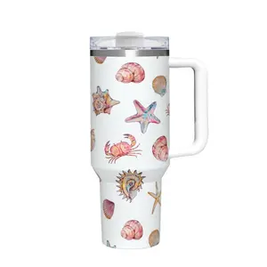 Coastal Sealife Tumbler 40oz | Watercolor Crab Shell Beach Cup with Handle | Summer Beach Gift for Her | Insulated Steel Mug - ytk10118 Drinkware Flasks