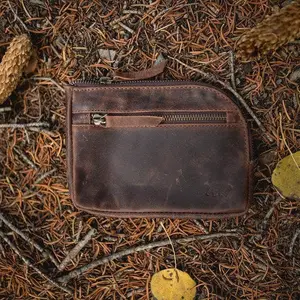 Denali Leather Gear Pouch - Single Zippered Pouch in Brown with Gold-Tied Closure