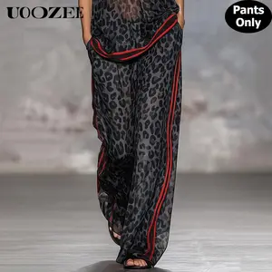 UOOZEE Women's Edgy Leopard Print Pockets Lined Chiffon Pants(ONLY),  Elastic Waist Wide Leg Palazzo Trousers, Summer Sheer Pants with Red Side Stripes, Size Down for Slim Look