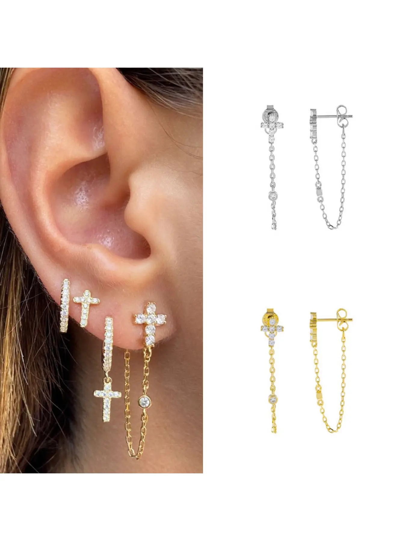 Cross double ear hole chain stud earrings - Sweet and cool style multi-hole layered ear bar studs - Light luxury glittering diamond earrings