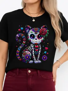 Day of the Dead Cat Black T-Shirt Sugar Skull Cat Print Halloween Festival Wear Personalized Short Sleeve Unisex All Seasons Comfortable Breathable Made in USA Cotton Top Tshirt