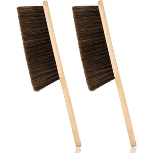 2 Pieces Wooden Dust Brush Hand Broom Bench Brush with Long Wood Handle Soft Bristle for Counter Bed Sofa Car Fireplace Clothes Household Cleaning