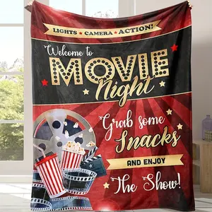 Movie Night Flannel Blanket--Cozy Red Theater Theme Design with Popcorn, Film Roll, and Camera Patterns| Tear-resistant, machine washable, suitable for all seasons| Home Decoration and Movie Party Essentials, Indoor Comfort Accessories| Movie Theme Materi