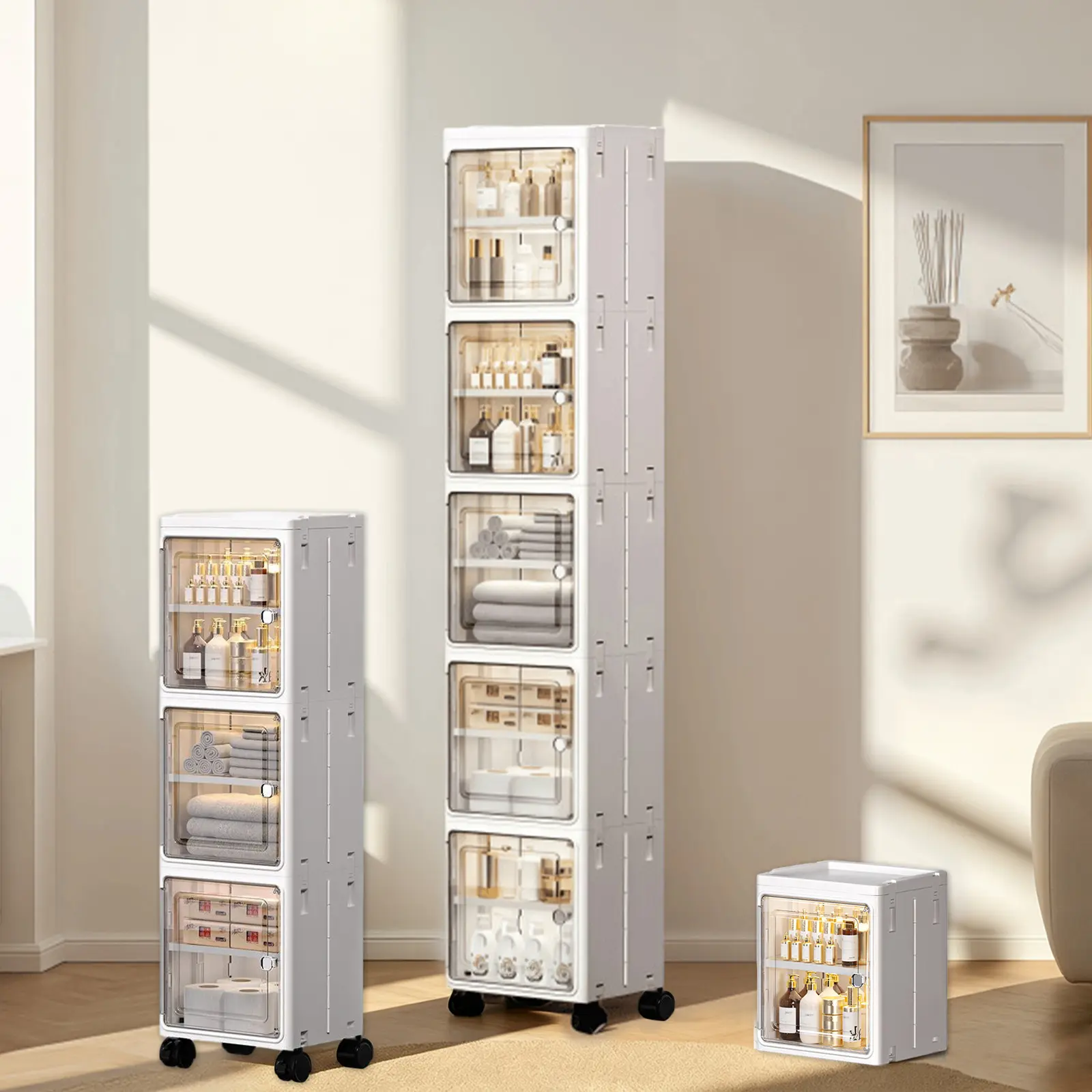 four-layer tall and narrow storage cabinet, made of plastic, with a slim design, doors and adjustable shelves, wheels, stackable and foldable, suitable for small spaces, bathrooms and kitchens,dealsforyou,midyearsale,dealsforyoudays,#SummerWins