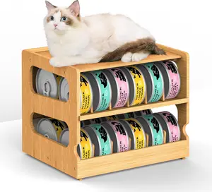 Teamkio Stackable Bamboo Cat Food Organizer, 2-Tier Adjustable FIFO Can Dispenser Space-Saving Storage, Holds Up to 36 Cans - Ideal for Pantry, Cabinet, Countertop