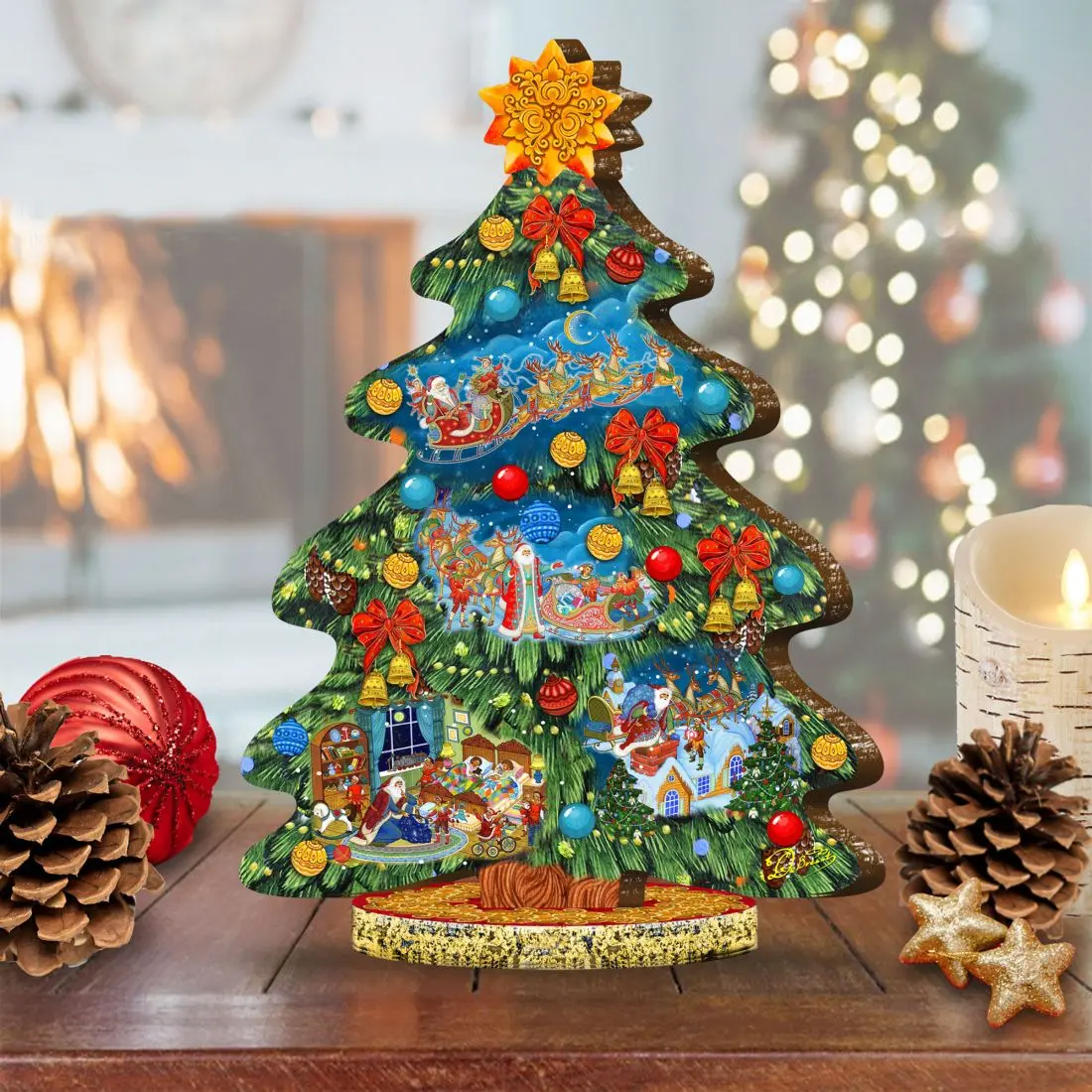 Designocracy 89301 European Wooden Christmas Decoration - 17 x 11 x 4 in Santa Coming to Town Themed Tree, Festive Christmas Home Supply Gift
