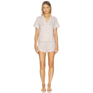 Flora Nikrooz Printed Knit Notch And Short Set in Champagne Pink