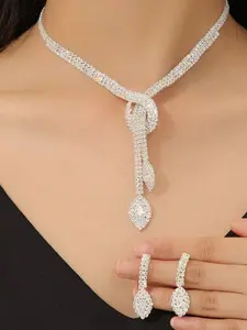 1Set Women’s Silver Tone CZ Paved Bridal Jewelry Set, Knot & Teardrop Sparkly Necklace & Drop Earrings, Elegant Statement Jewelry for Wedding, Prom & Formal Occasions