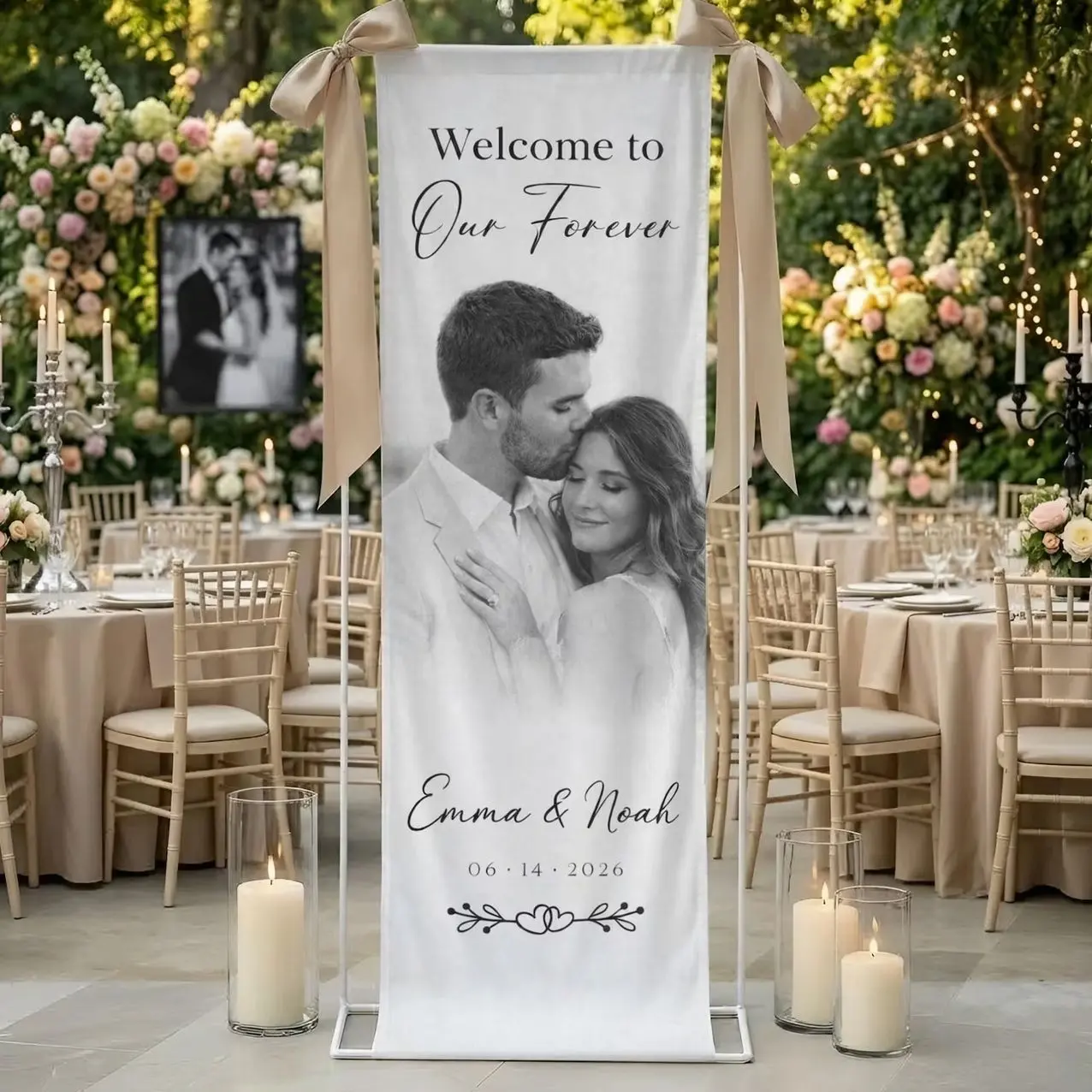 Personalized Microfiber Wedding Welcome Sign, Custom Photo Banner, Couple Portrait Decor