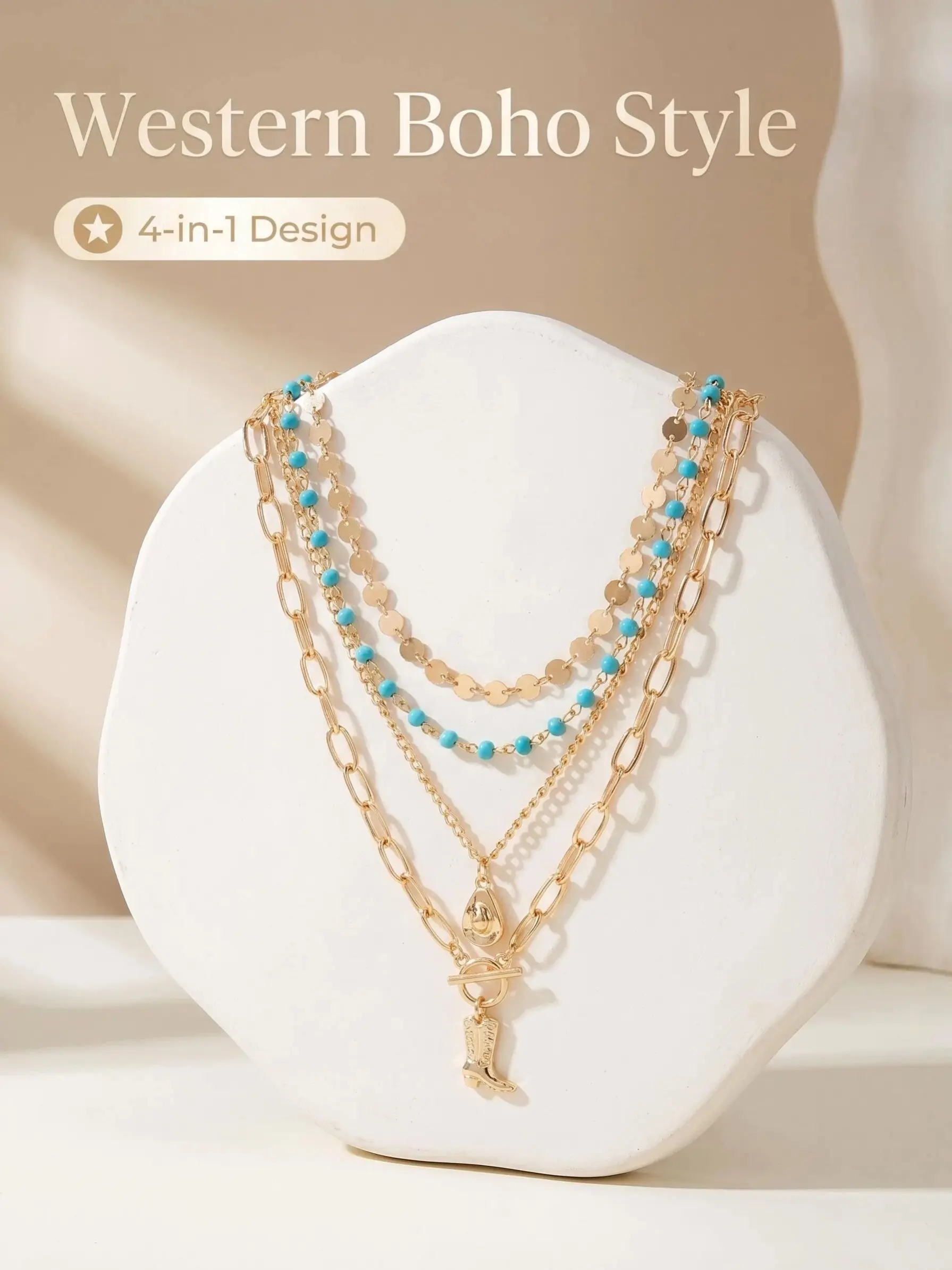 Western Cowboy Style 4-Piece Layered Necklace Set, Bohemian Turquoise Beads + Boot Coin Pendant, Vintage Women's Jewelry for Daily/party/festival