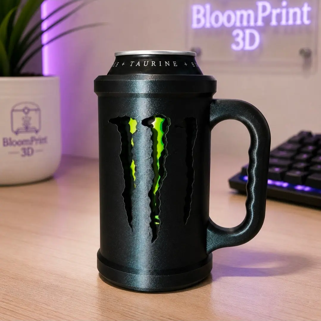 3D Printed Plastic Monster Energy Cup Holder - Sturdy, Lightweight, Portable, Stylish 16oz Mug-Style Drink Sleeve with Ergonomic Claw Handle, Comfortable Grip, Perfect Fit Gamer Office Work Desk Accessory, Hand Wash Kitchenware Gift